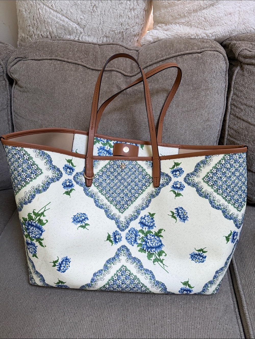 Floral Blue Patchwork Tote Bag with Brown Trim